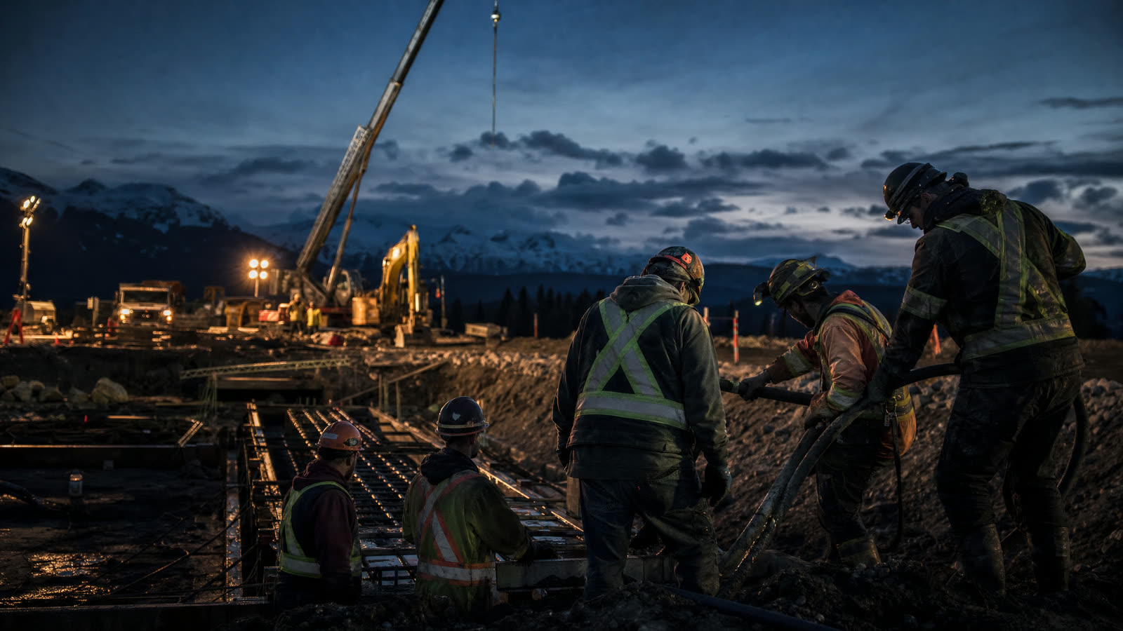 Construction crew in hi-vis working together on a British Columbia job site at dusk