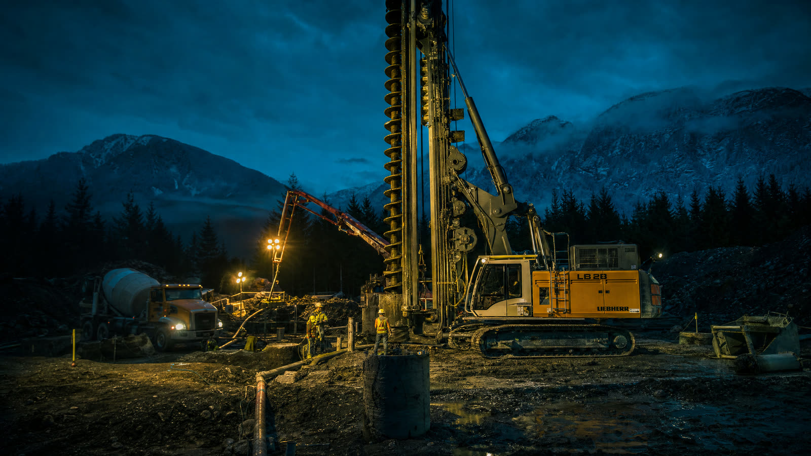 Continuous flight auger piling rig drilling a deep foundation at dusk