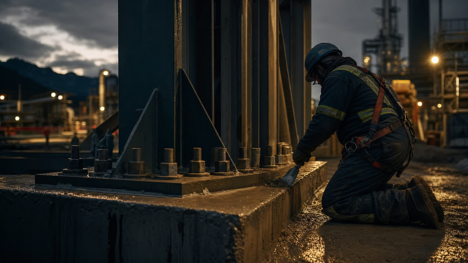 Structural base-plate grouting on a large concrete foundation at an industrial facility at dusk