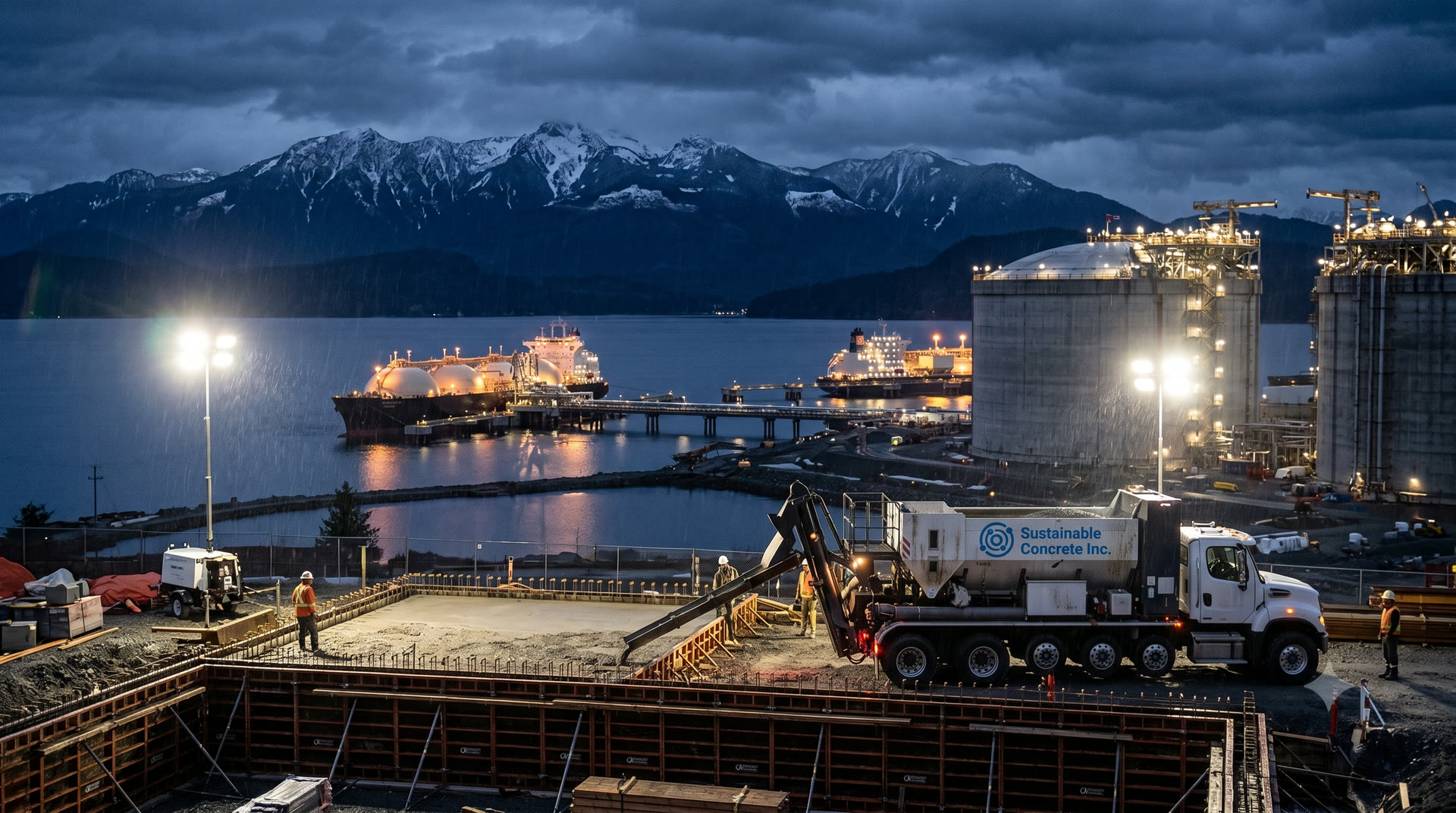 Sustainable Concrete volumetric mixer producing concrete on site at a coastal British Columbia industrial project