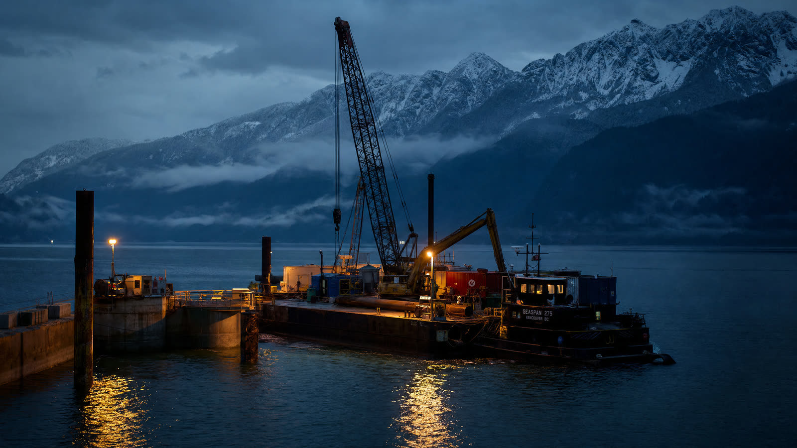 Marine construction work barge with a crane on a British Columbia fjord at dusk