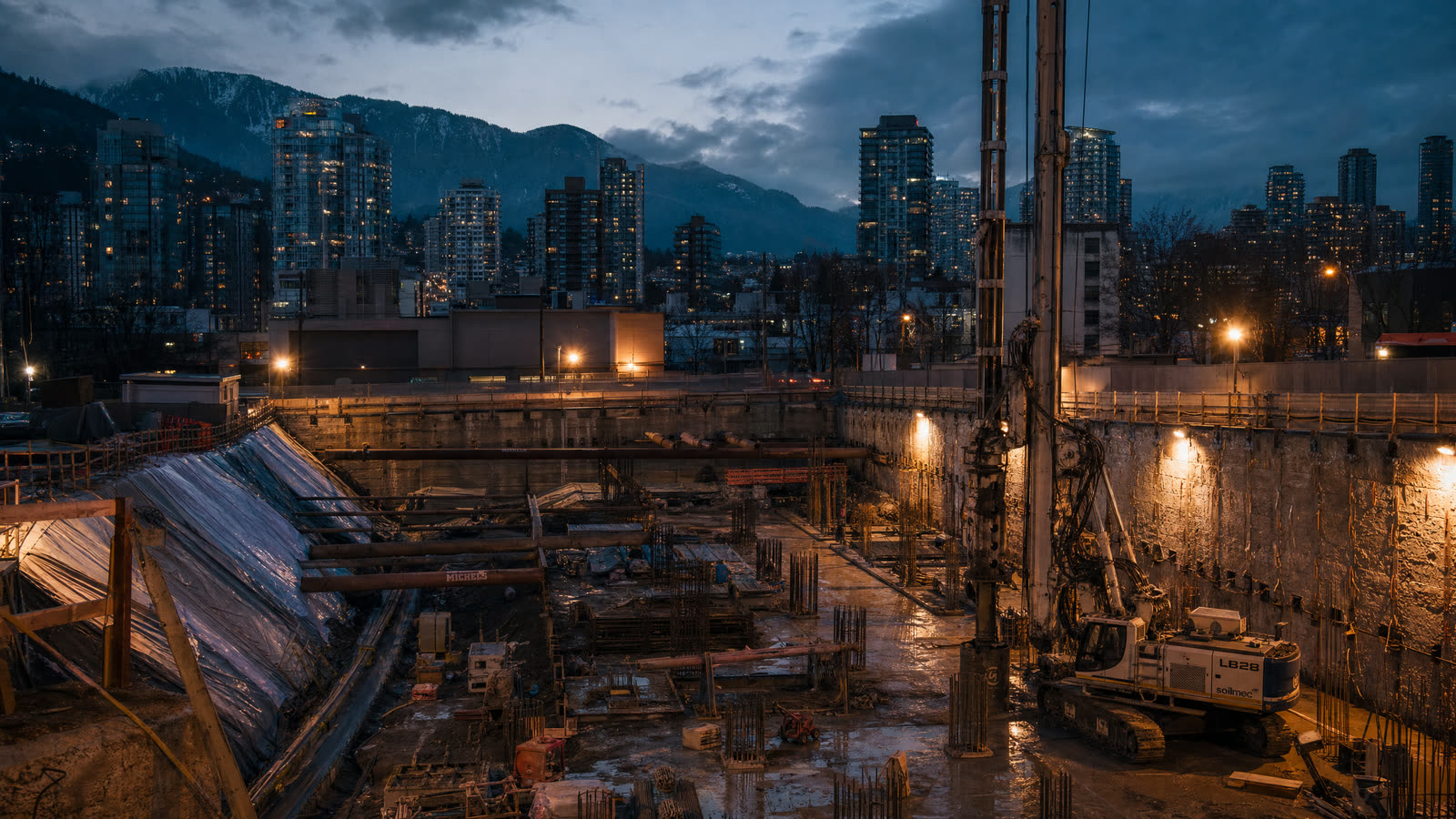 Deep excavation with a secant pile retaining wall and drilling rig at dusk